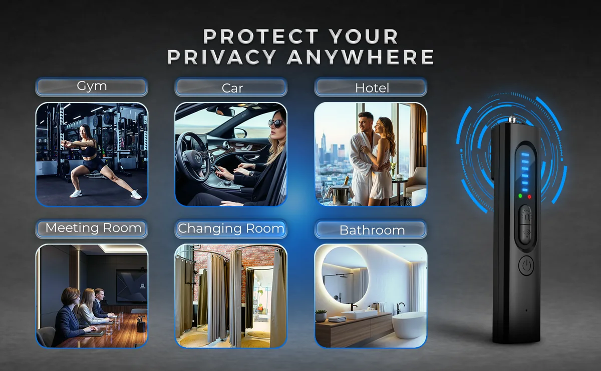 VLV13 next to six example places to use it: gym, car, hotel, meeting room, changing room and bathroom