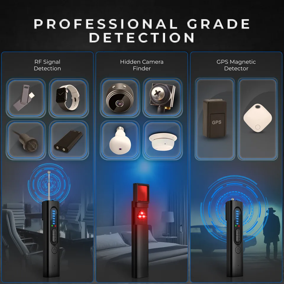 The three VLV13 detection modes: RF signal detection, hidden camera finder and GPS magnetic detector